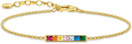Armband med guldfärgad kedja och färgglada stenar, rektangulärt stenelement