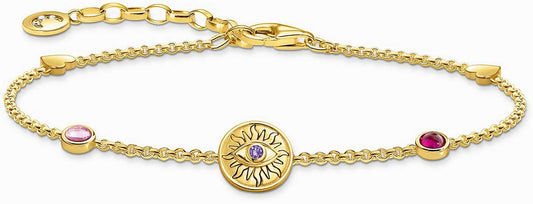 Armband med guldfärgade länkar, runt hänge med blått motiv och rosa stenar