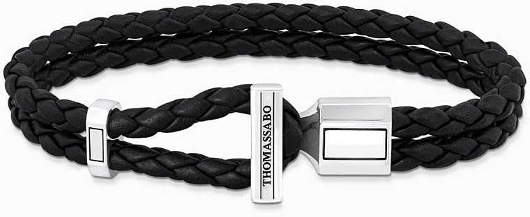 Dubbelradigt läderarmband, flätat svart, med silverfärgade lås från Thomas Sabo