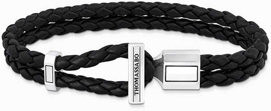 Dubbelradigt läderarmband, flätat svart, med silverfärgade lås från Thomas Sabo