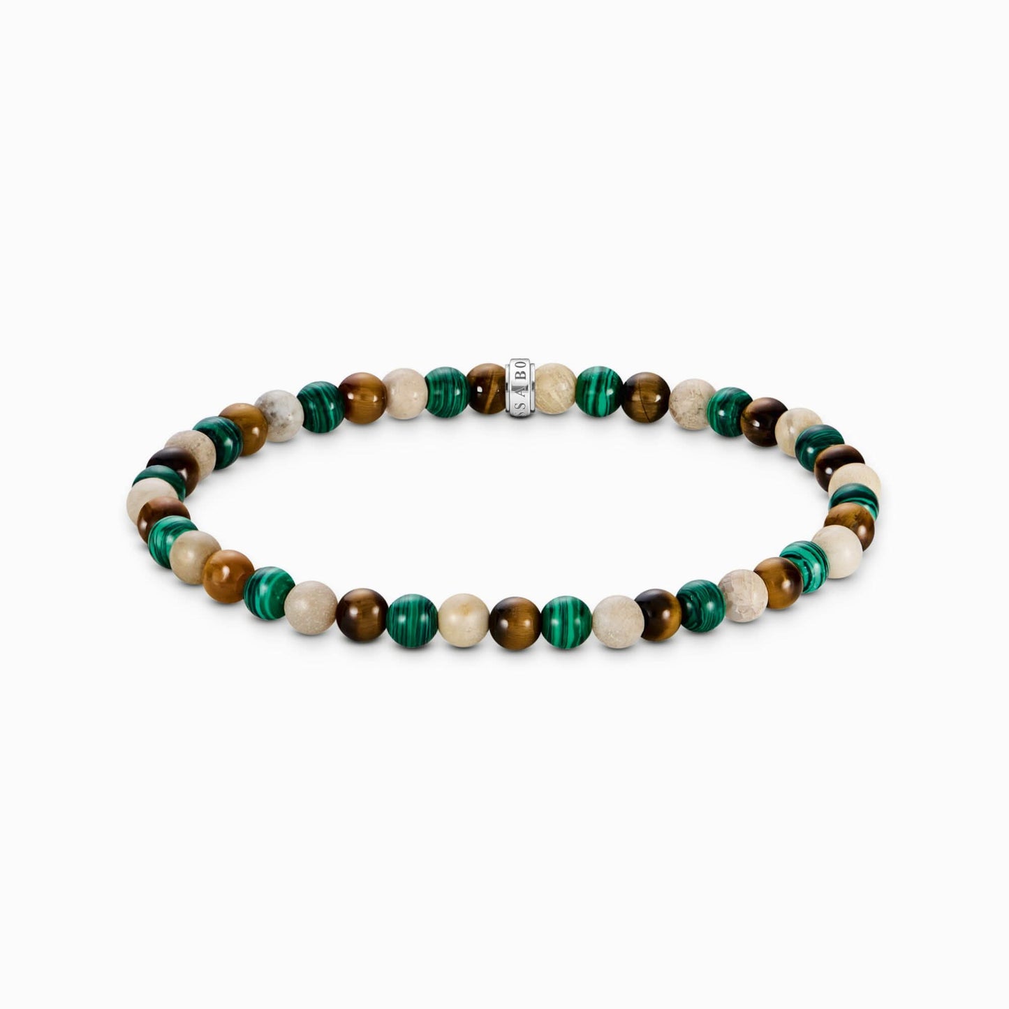 Armband med pärlor av grön och brun sten med silverfärgat mellanlägg
