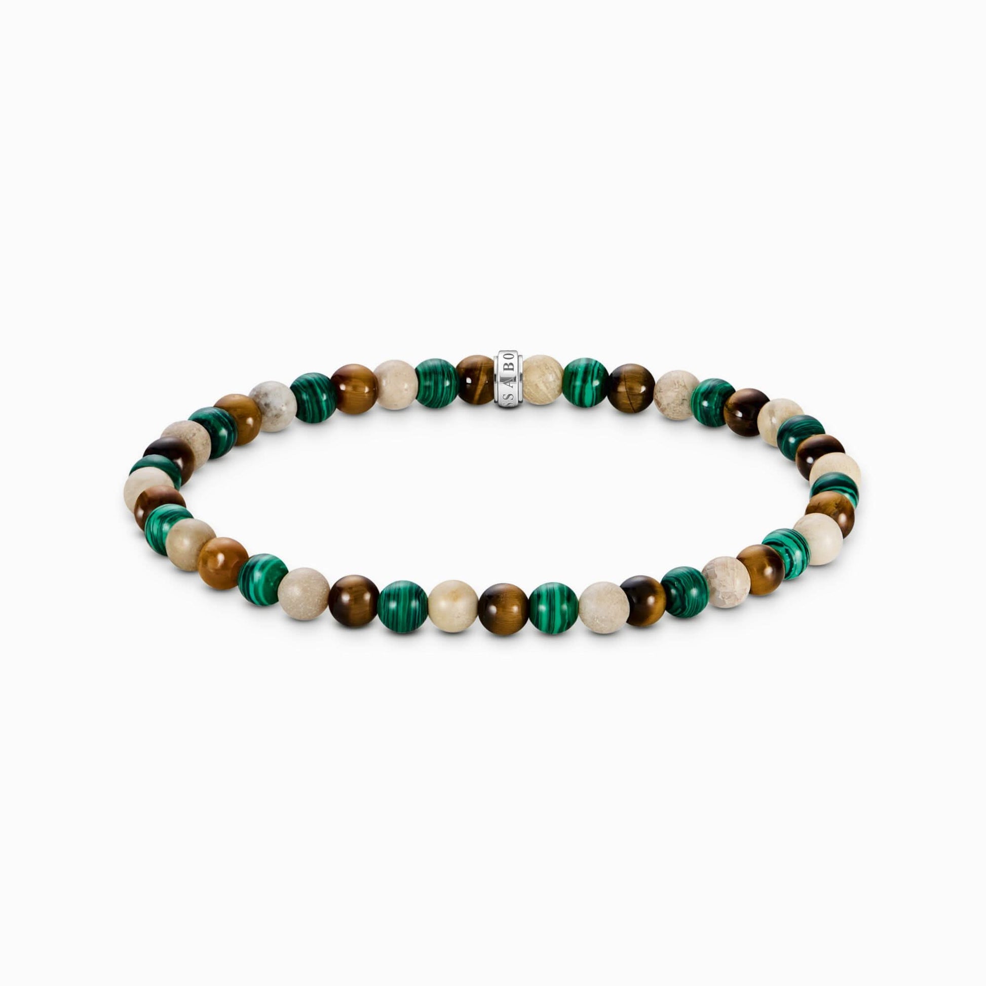 Armband med pärlor av grön och brun sten med silverfärgat mellanlägg