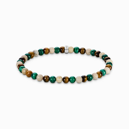 Armband med pärlor av grön och brun sten med silverfärgat mellanlägg