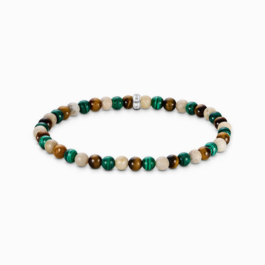 Armband med pärlor av grön och brun sten med silverfärgat mellanlägg