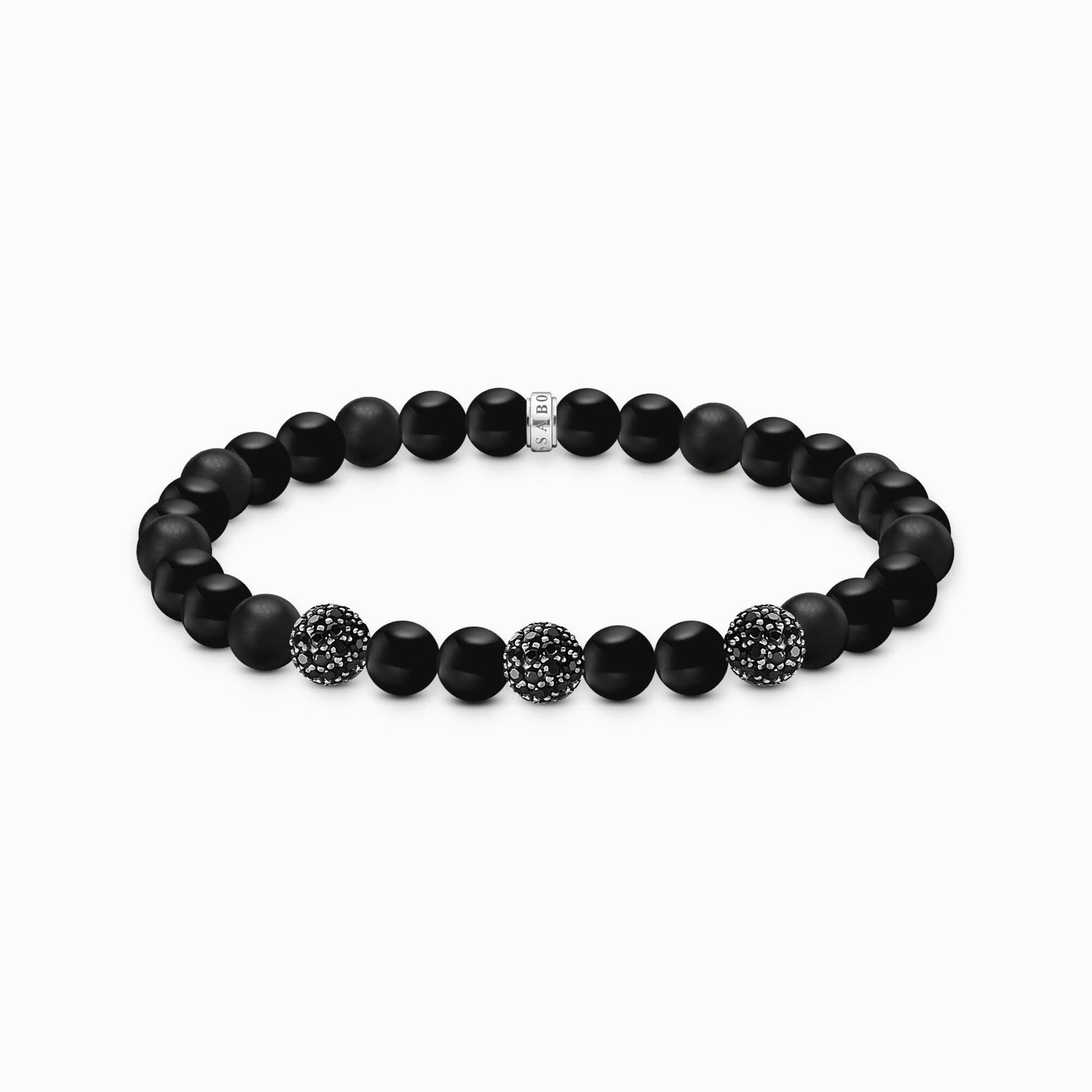 Obsidianpärlarmband med svart glitteraccent och runda zirkonia-element