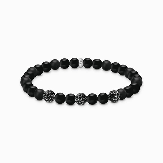 Obsidianpärlarmband med svart glitteraccent och runda zirkonia-element