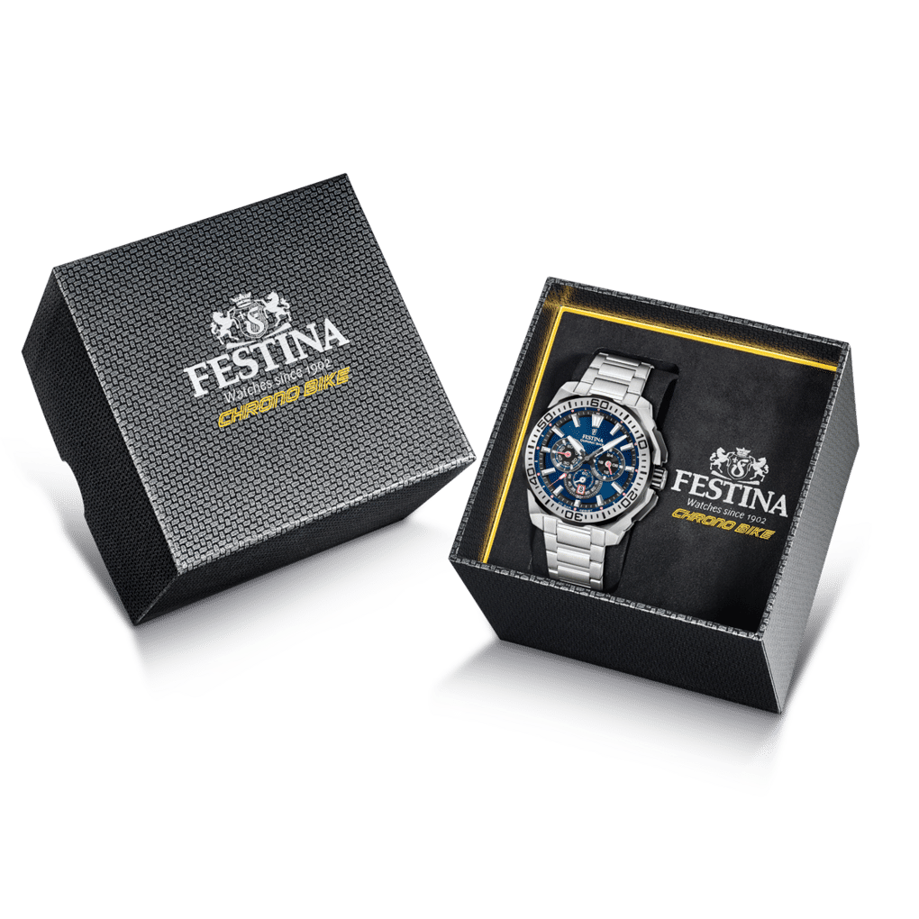 Festina klockset i presentförpackning: silverfärgad herrklocka med blå kronografurtavla