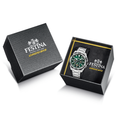 Klockset: Festina-ask med klocka och grön urtavla på armband i rostfritt stål