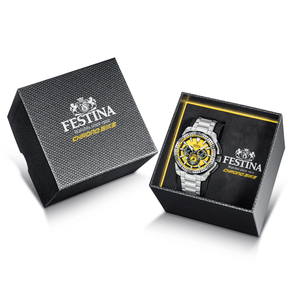 Festina klockbox-set med Chrono Bike-klocka, svart box med gul ram