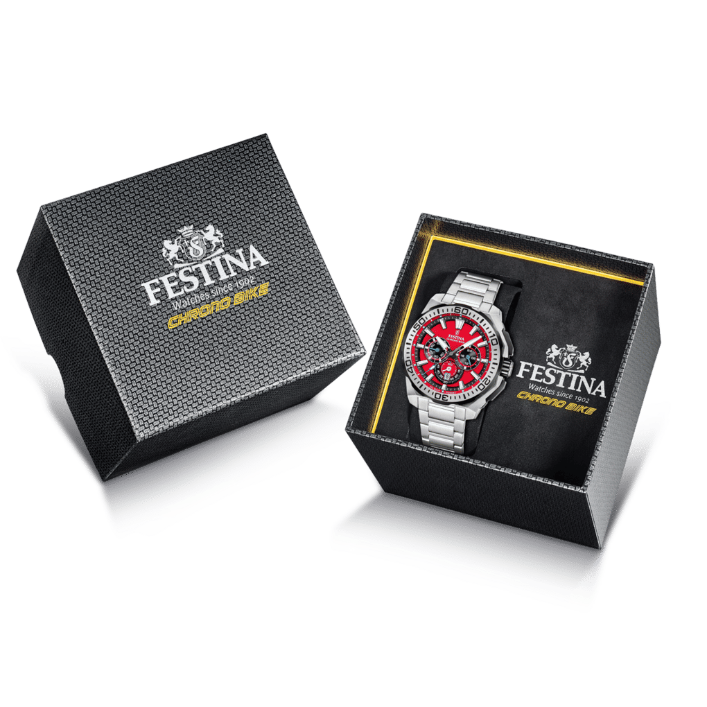 Festina kronografset för herrar i box med silverfärgat rostfritt stålarmband