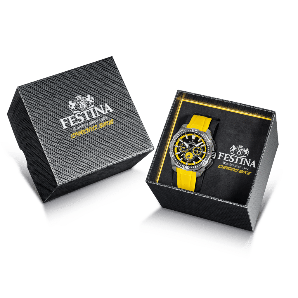 Presentbox med herrklocka med kronograf, gult armband i silikon och Festina-tryck