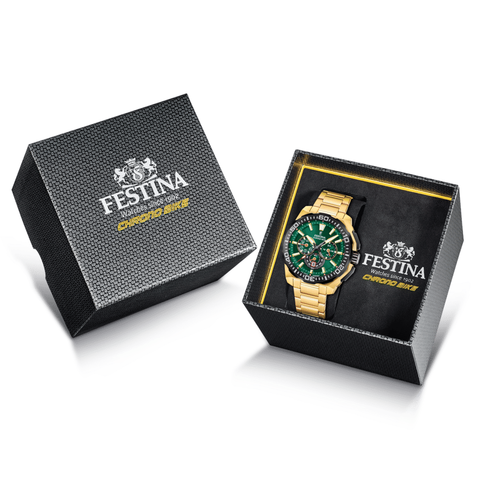 Klocklådor med FESTINA kronografklocka och kuddar, guldfärgat armband i set