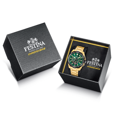 Klocklådor med FESTINA kronografklocka och kuddar, guldfärgat armband i set