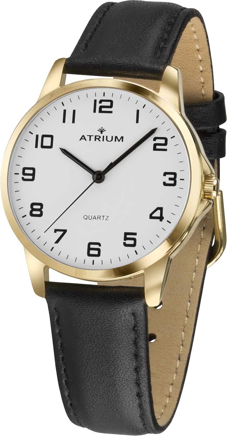 Armbandsur för herrar med svart läderrem, guldfärgad boettring och vit urtavla (ATRIUM)