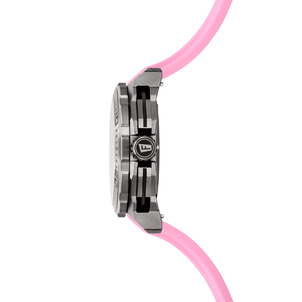 Herrarnas kronografklocka i sidovy med rosafärgat silikonarmband och metallboett.