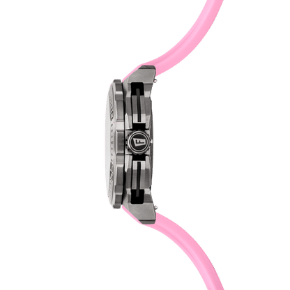 Herrarnas kronografklocka i sidovy med rosafärgat silikonarmband och metallboett.
