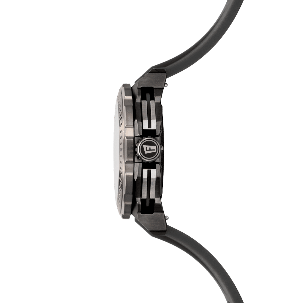 Kronografklocka för herrar, sidovy med svart armband och silverfärgad boettring