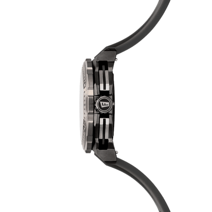Kronografklocka för herrar, sidovy med svart armband och silverfärgad boettring