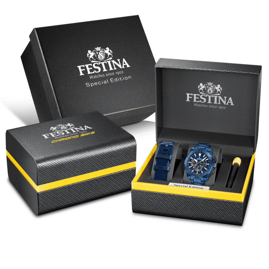 Festina Special Edition klockset med blå kronografklocka i låda
