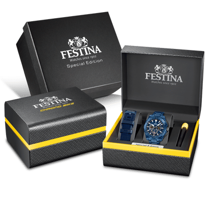 Festina Special Edition klockset med blå kronografklocka i låda
