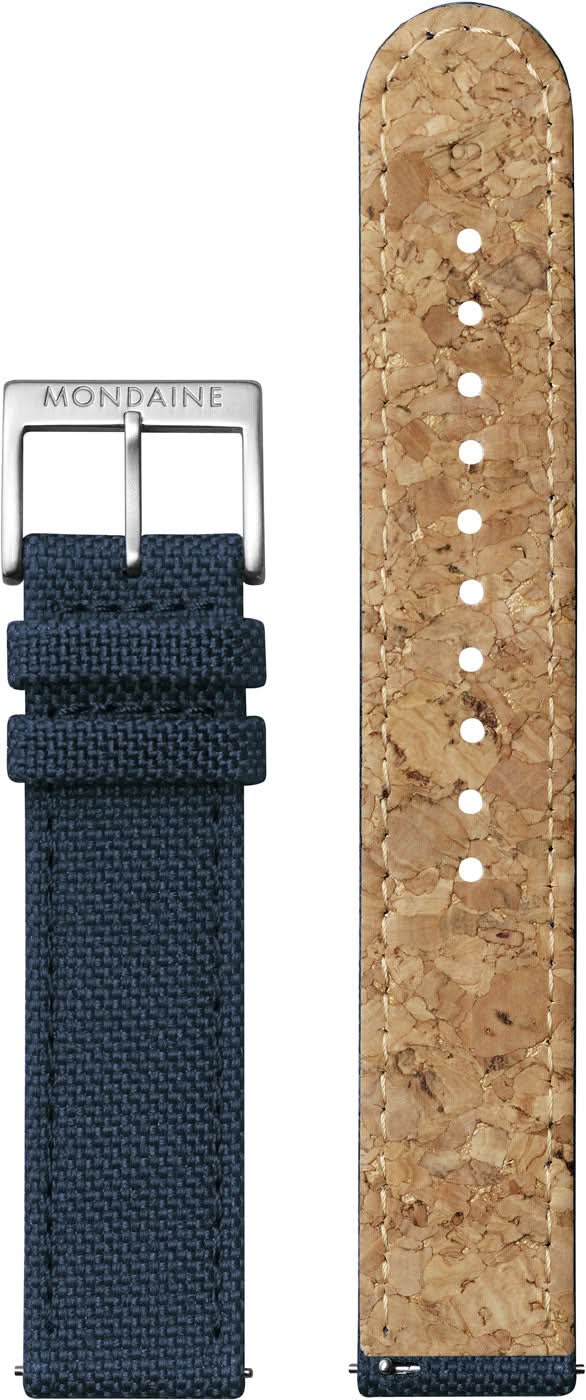 Armbandsdetaljer: blått textilband och beige kork-look-band med spänne.