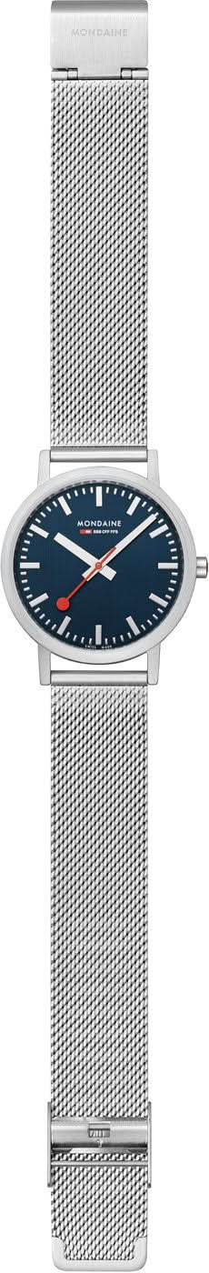 Unisex-klocka från sidan, silverfärgat milanesarmband och blå urtavla
