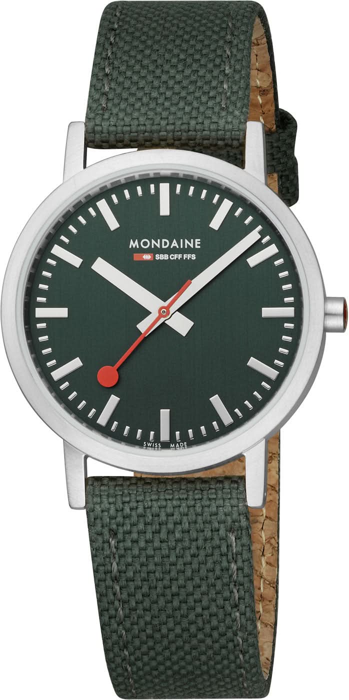 Unisex-armbandsur med mörkgrön urtavla och grönt textilband, buret på sidan.