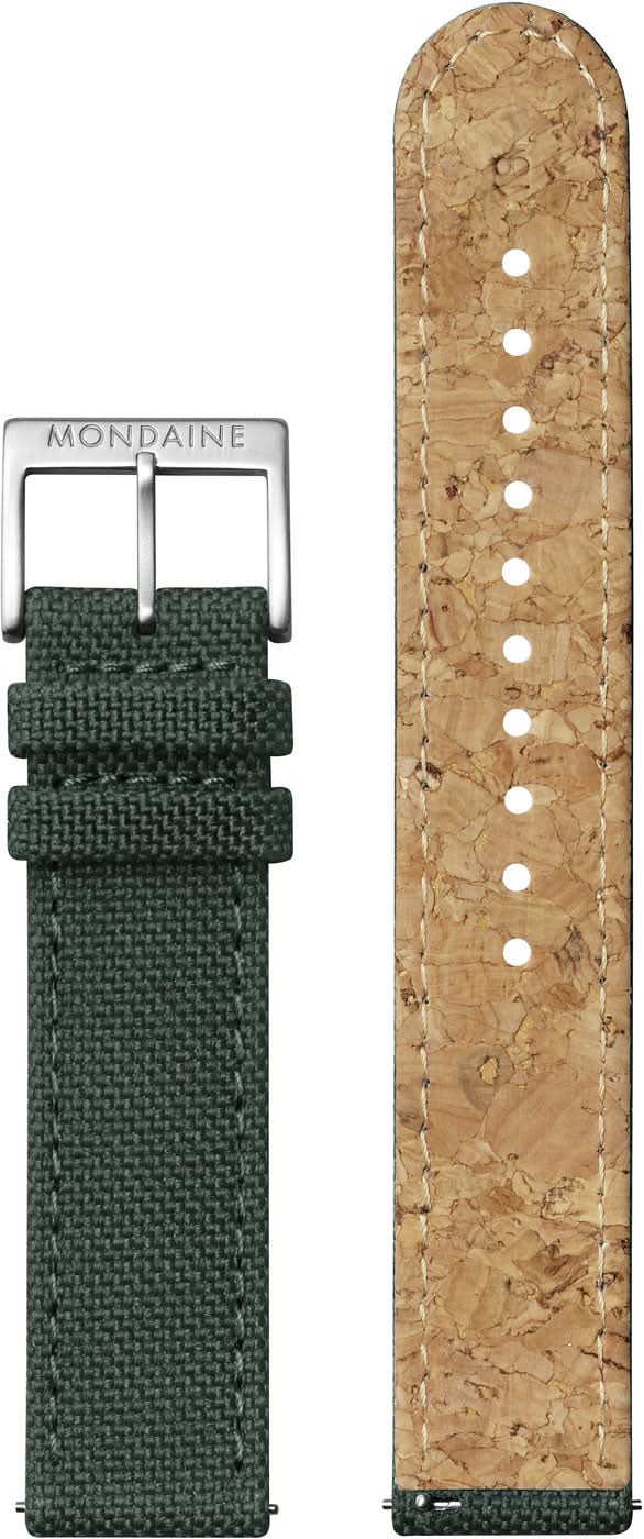 Armbandsurband: mörkgrönt textilband med spänne och korkinfästning med hålrad.