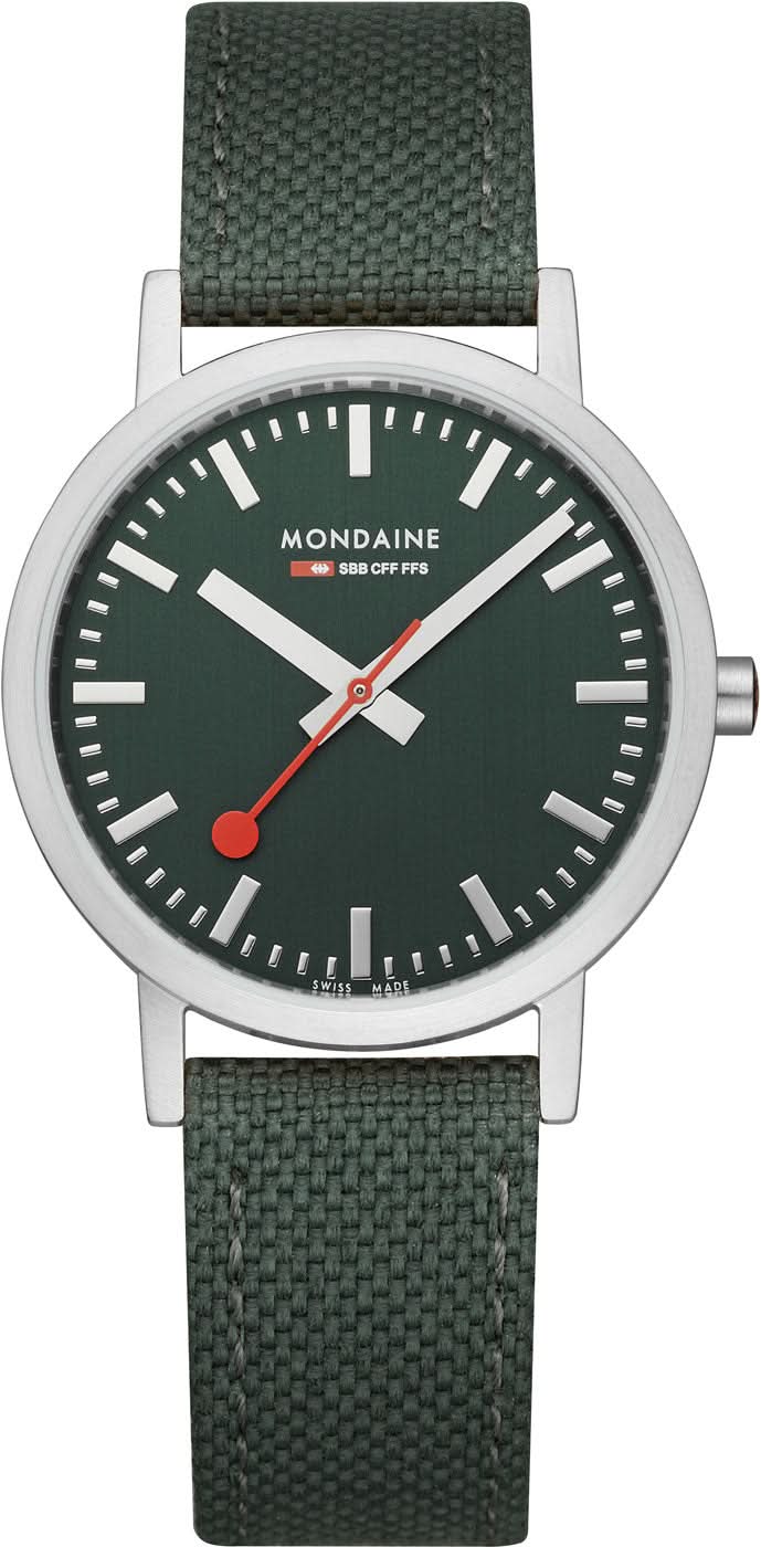 Unisex-armbandsur med mörkgrön urtavla, silverfärgat hölje och grönt textilband.
