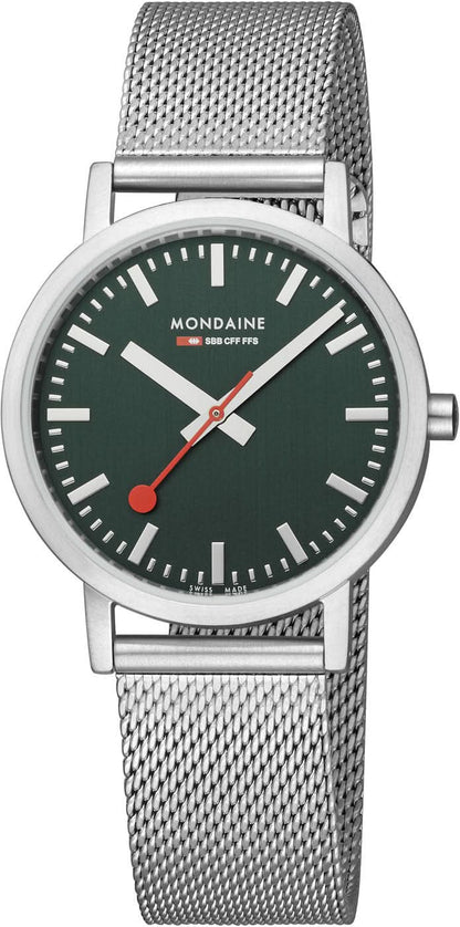 "Mondaine Unisex-klocka med mörkgrön urtavla, mesh-metallband och rund infattning"