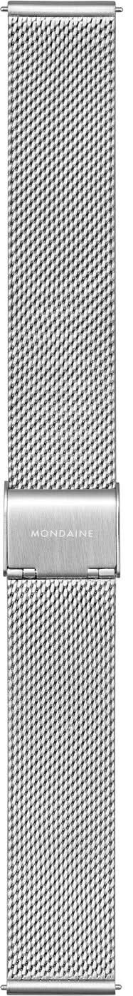 Mondaine Unisex-klocka, närbild på metallband med spänne och prägling