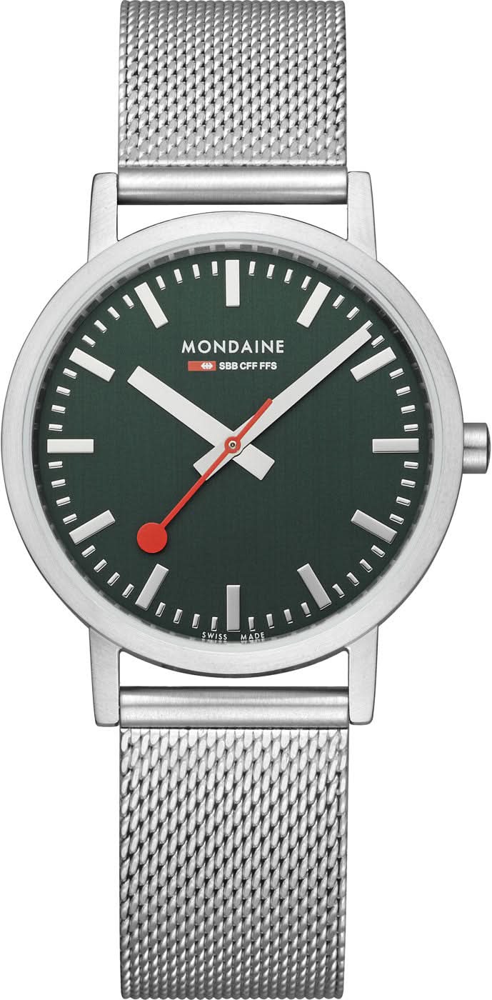 Mondaine Unisex-klocka med skogsgrön urtavla, metallänk och bygelspänne