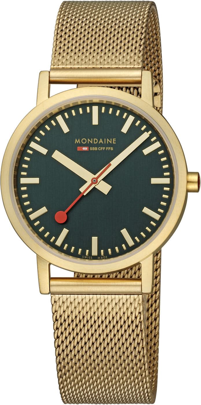 Unisex-armbandsur med guldfärgat hölje, meshband och mörkgrön urtavla