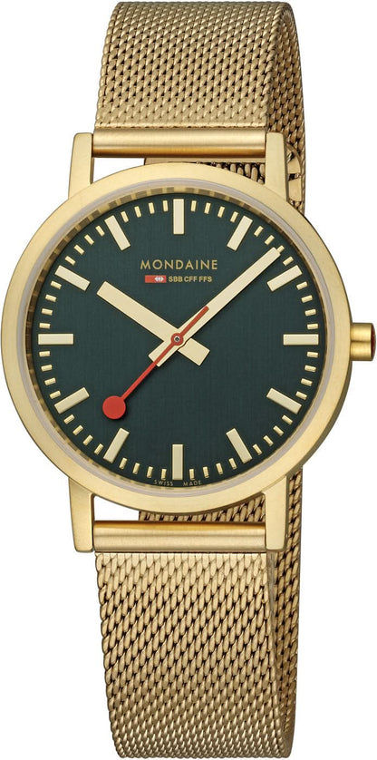 Unisex-armbandsur med guldfärgat hölje, meshband och mörkgrön urtavla