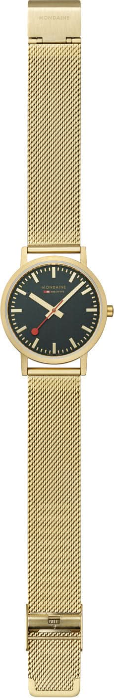 Armbandsur med guldfärgat mesharmband och mörkgrön urtavla, sidovy