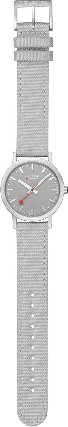 Armbandsur med grå rem och spänne, sidovy; urtavla med röd accent.