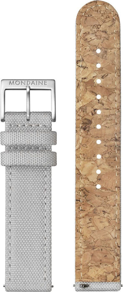 Armbandsur med grått textilband; detaljerad vy med brunt korkband och stiftspänne.