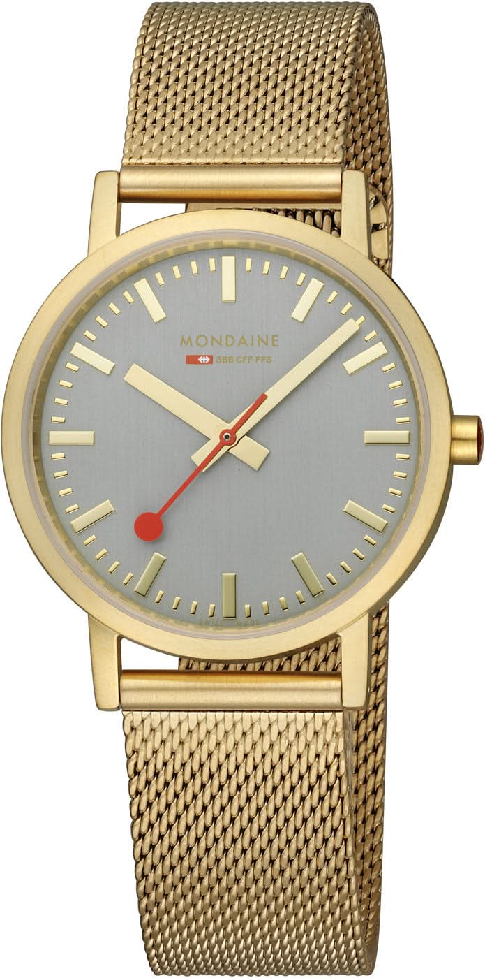 Unisex-klocka med guldfärgat milanesarmband och rund, gråblå urtavla med markerade timmar
