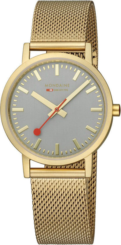 Unisex-klocka med guldfärgat milanesarmband och rund, gråblå urtavla med markerade timmar