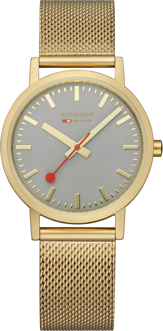 Unisex-klocka med guldfärgat milanesarmband och rund urtavla i gråblått, röd sekundvisare