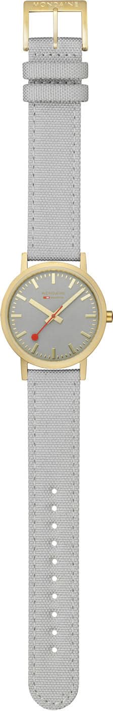 Mondaine unisexklocka med grått armband, rund guldfärgad boett och grå urtavla