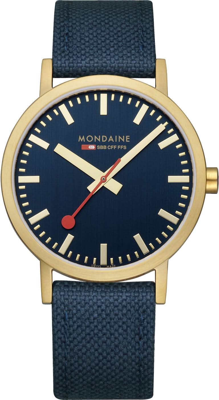 Mondaine armbandsur: blå urtavla, mörkblått armband, guldfärgad boettring