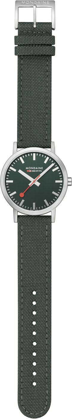 Armbandsur med grönt textilarmband och mörkgrön urtavla, med stiftspänne