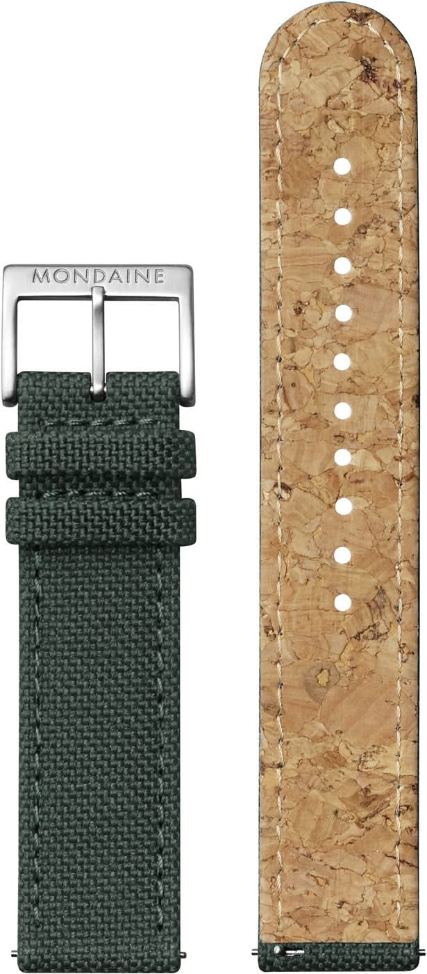 Armbandsur med grönt textilarmband och brun korkläderdetalj, spänne och öglor synliga