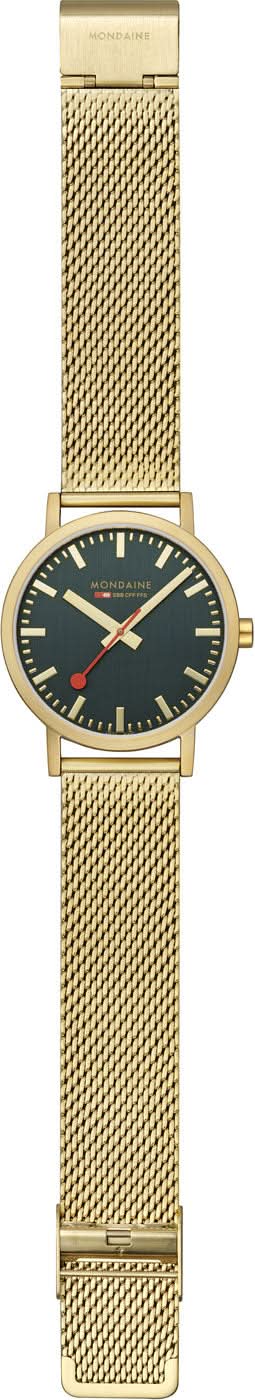 Herrklocka med guldfärgat metallarmband, mörkgrön urtavla och guldfärgade indexmarkeringar