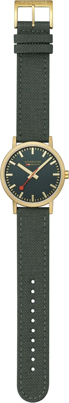 Unisex-armbandsur med mörkgrönt tygband och runt guldfärgat boett.
