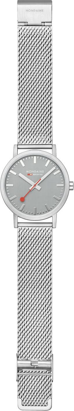 Herrklocka med silverfärgat mesh-armband och grå urtavla, sidovy.