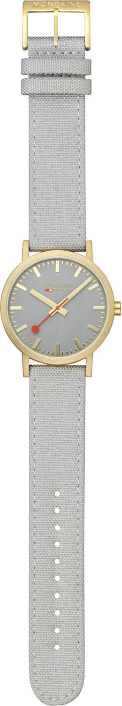 Armbandsur med rund urtavla, ljusgrå urtavla och grått band.