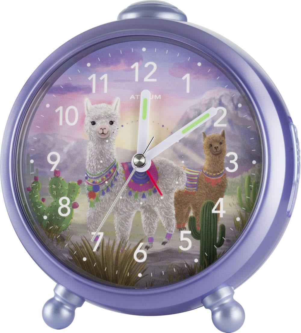 Barns analoga väckarklocka med lama-motiv, lila boett, två visare