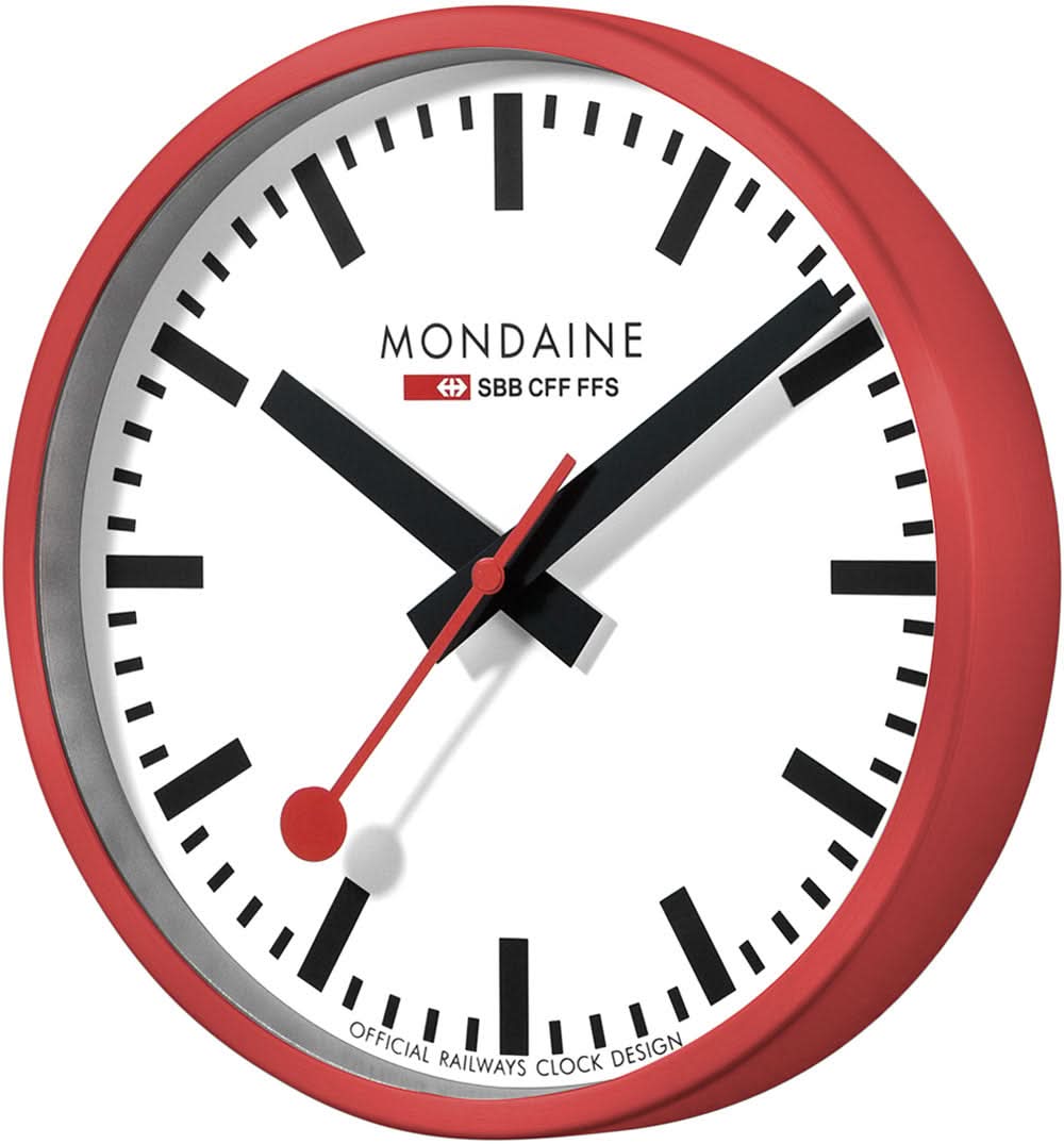 Mondaine väggklocka med röd kant, vit urtavla och svarta timvisare